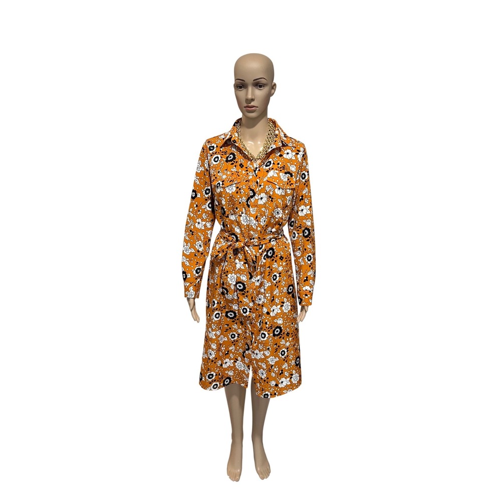 Floral Shirt Dress Mustard Orange Long Sleeve Tie Waist Midi STD0006 Size M